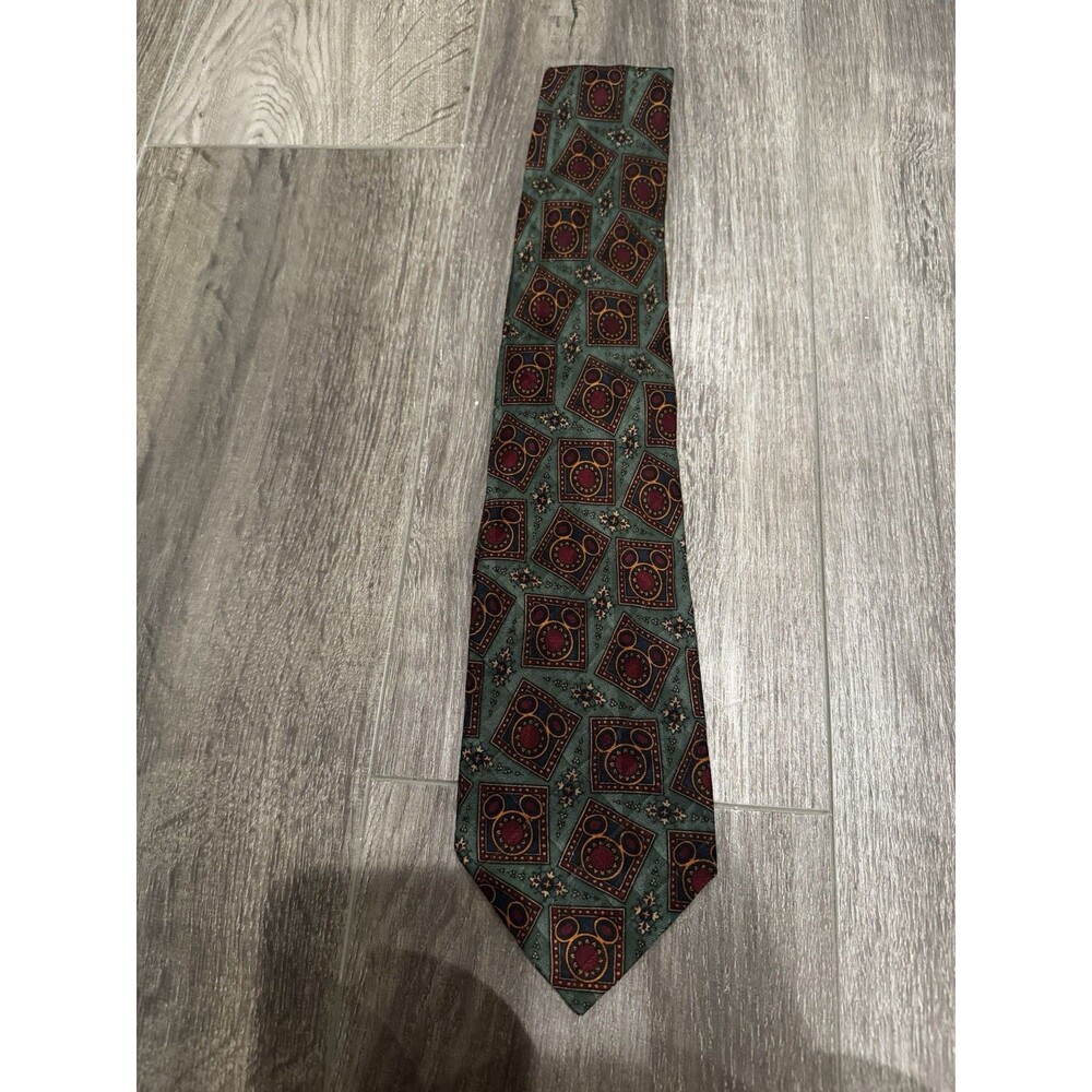 Vintage Disney Store Mickey Mouse 100% Silk Green Geometric Necktie, Pre-owned